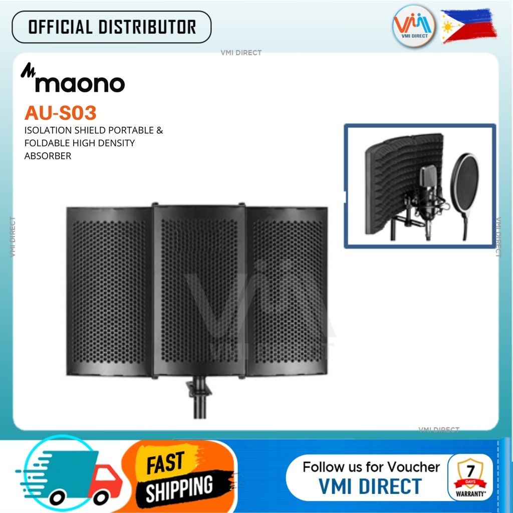 MAONO AU-S03 ISOLATION SHIELD PORTABLE & FOLDABLE HIGH DENSITY ABSORBER- VMI DIRECT (Category: Other Audio Equipment) located in Manila. Submitted by vmidirect (Listing ID 1255799252, Image 1). Description: Description ✔️Maono AU-S03 Microphone Isolation Shield Portable & Foldable High Density Absorbing Foam Panel and Metal Back for Home Office, Studio, Podcasting, Vocalizing, Singing, Broadcasting (AUS03 / AU S03) FEATURES ✔️ELIMINATE INTERFEREN