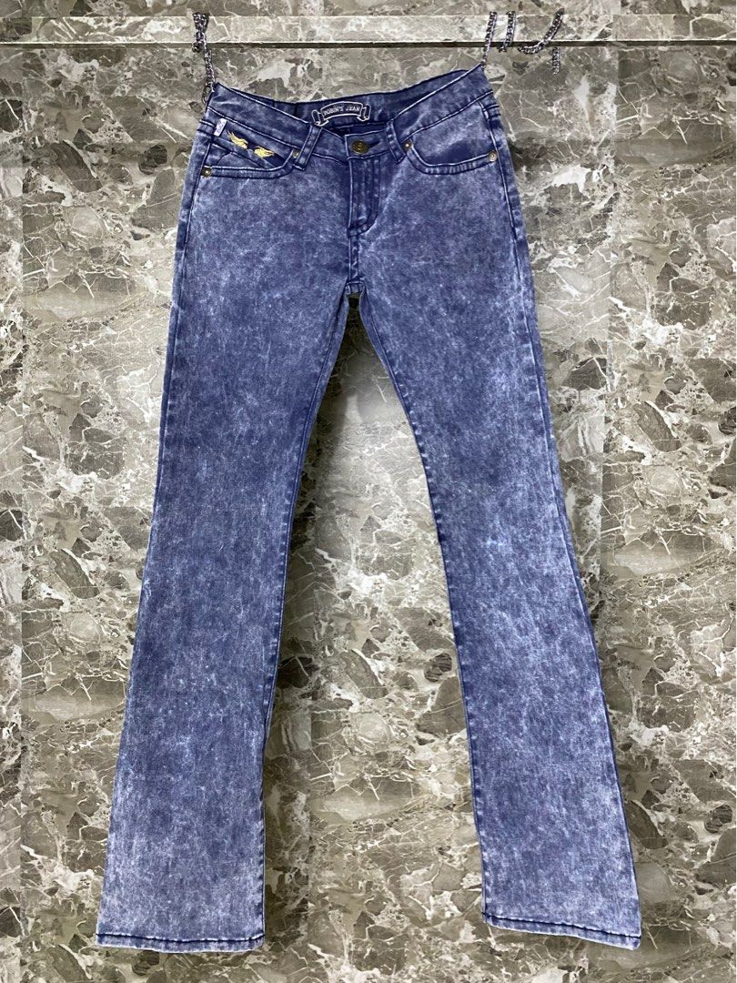 ROBIN'S NAT SKINNY LOW RISE WOMENS SKINNY JEANS IN ROYAL BLUE WITH GOLD  EMBROIDERY AND LOGO