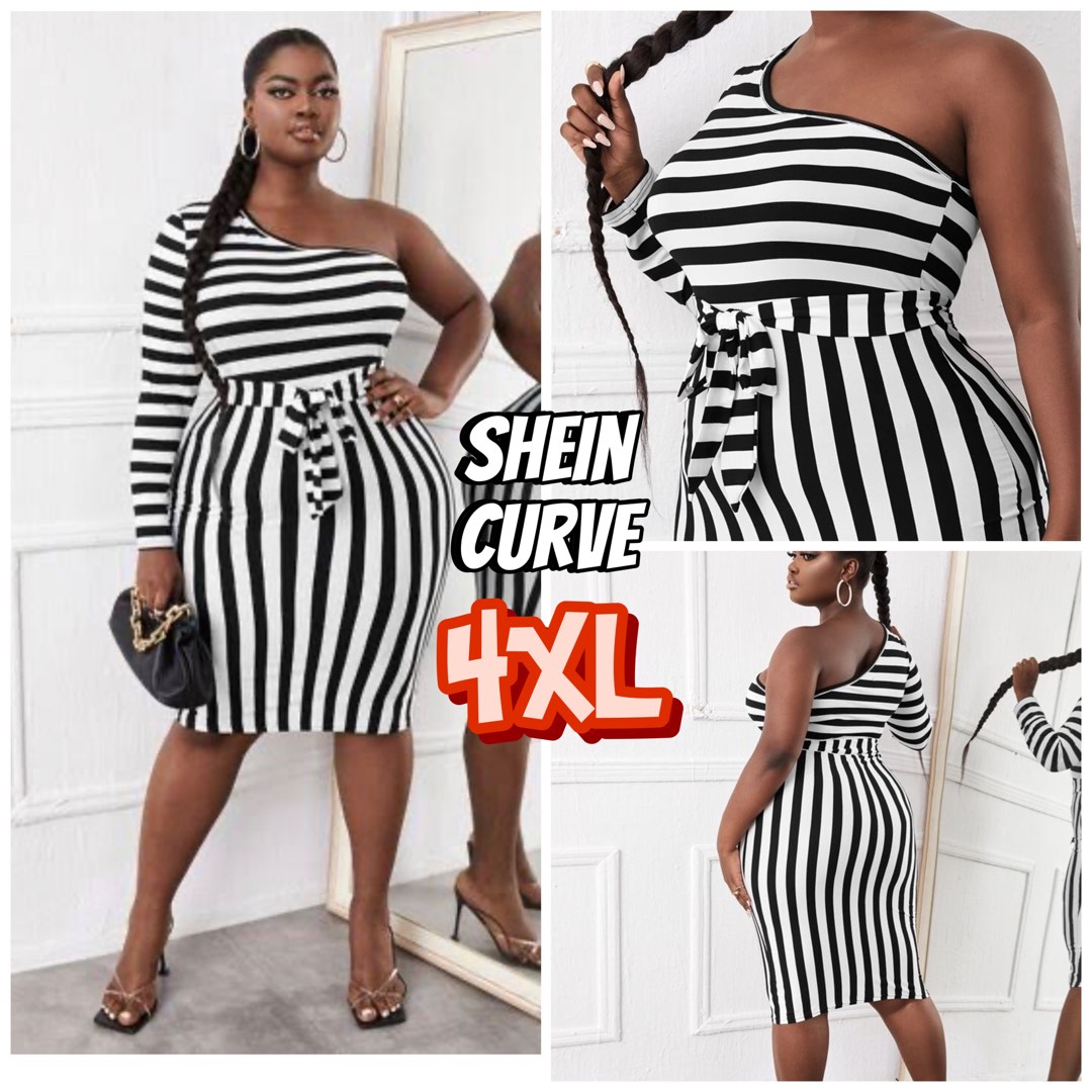 Shein Curve One Shoulder Sheath Dress Women's 2XL Black White Striped  Stretch