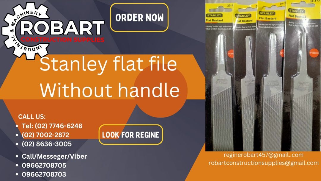 Stanley flat file Without handle (Category: Construction Tools & Equipment) located in Manila. Submitted by robartregine (Listing ID 1255770382, Image 1). Description: Stanley flat file Without handle size: 10'' FOR INQUIRES: LOOK FOR REGINE ROBART 𝑹𝑶𝑩𝑨𝑹𝑻 𝑪𝑶𝑵𝑺𝑻𝑹𝑼𝑪𝑻𝑰𝑶𝑵 𝑺𝑼𝑷𝑷𝑳𝑰𝑬𝑺 #RobartConstructionSupplies #robartph #constructionmaterials #industrialsupply Office Address: 1405 Yuseco St. Sta Cruz Manila SEND US MESSAGE FOR