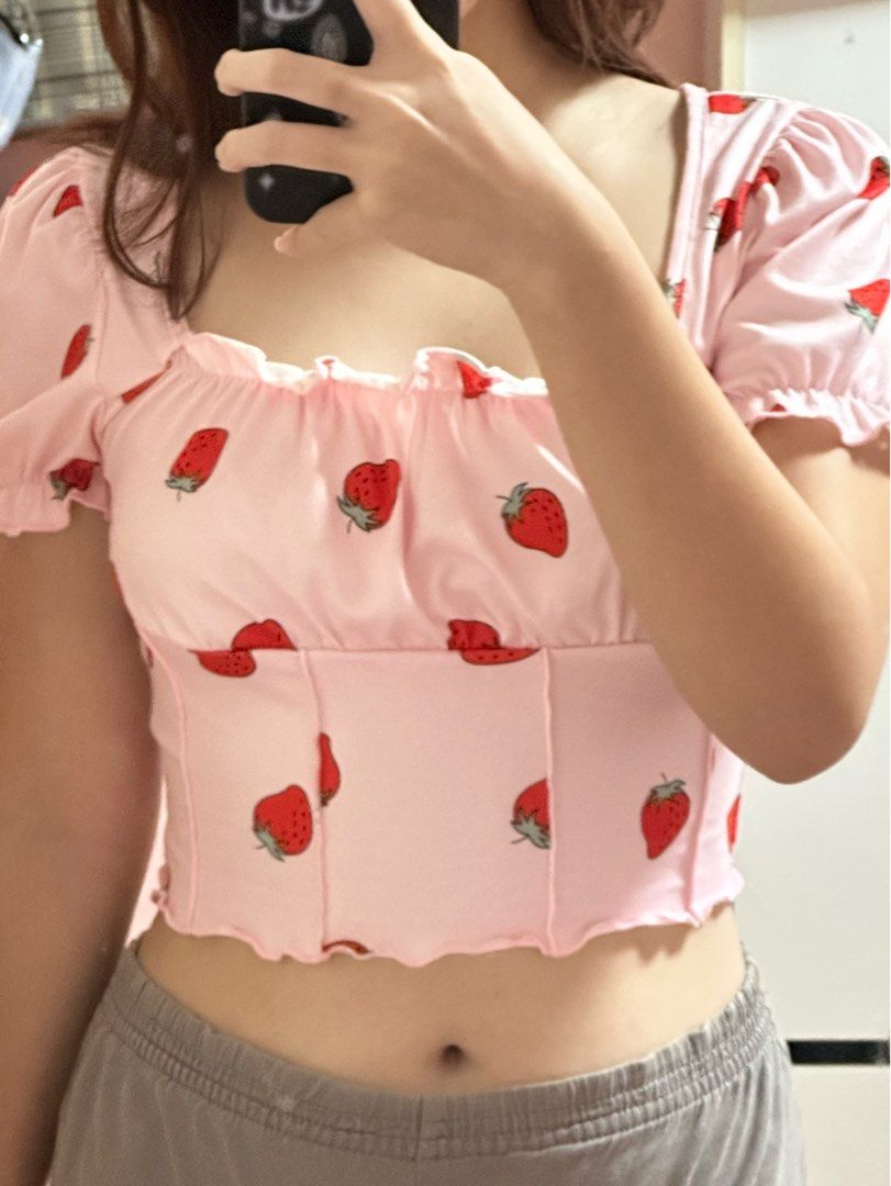 Strawberry Print Camisole Pink Crop Top Women Halter Tops - Y2kaesthetic
