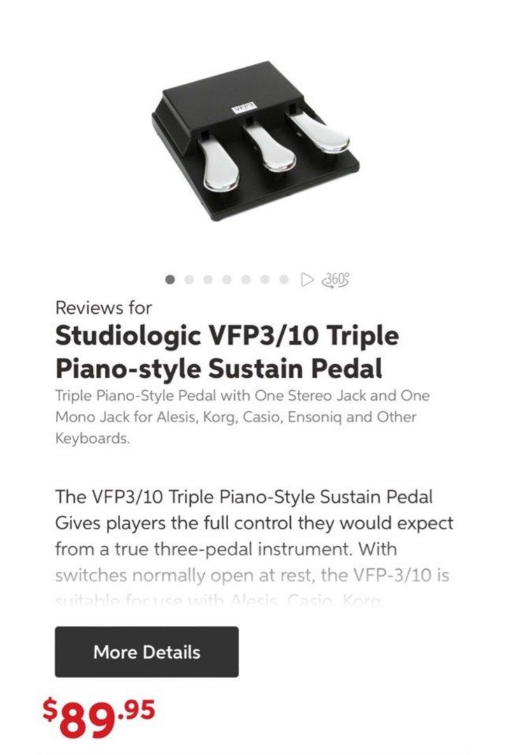 StudioLogic VFP3/10 Piano Style Triple Sustain Pedal