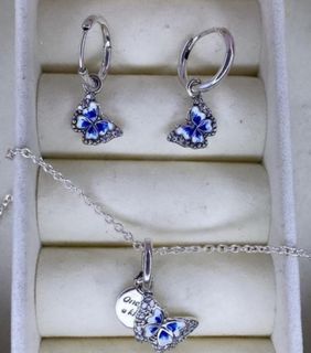 🌺SUPER SALE! PANDORA BLUE BUTTERFLY HOOP EARRING AND NECKLACE 💖💖