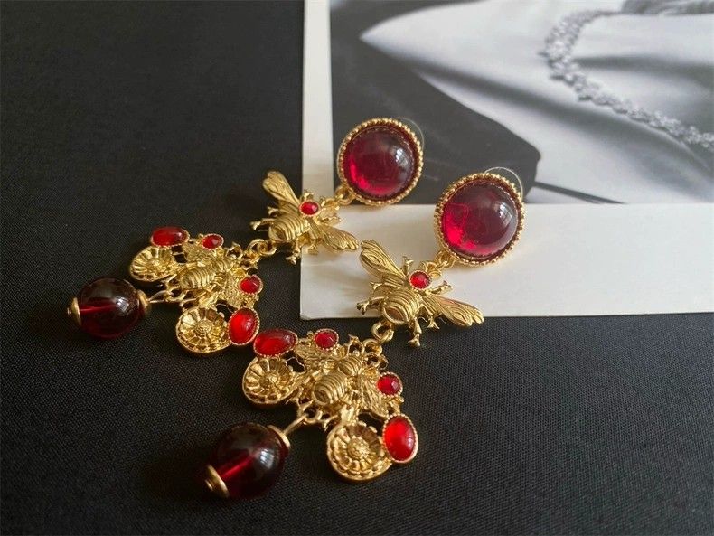 Victorian Style Chanel Imprint Real Gold Plated Red Murano Glass Bee Earrings