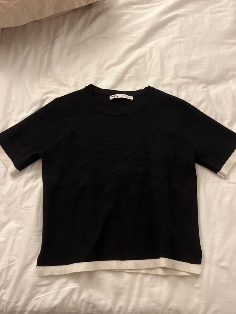 Zara black top with white trim, Women's Fashion, Tops, Shirts on Carousell