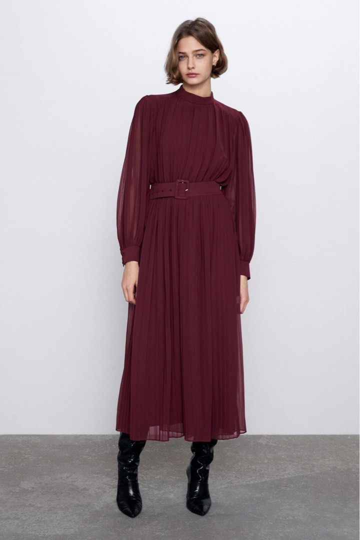 Zara burgundy deals pleated dress