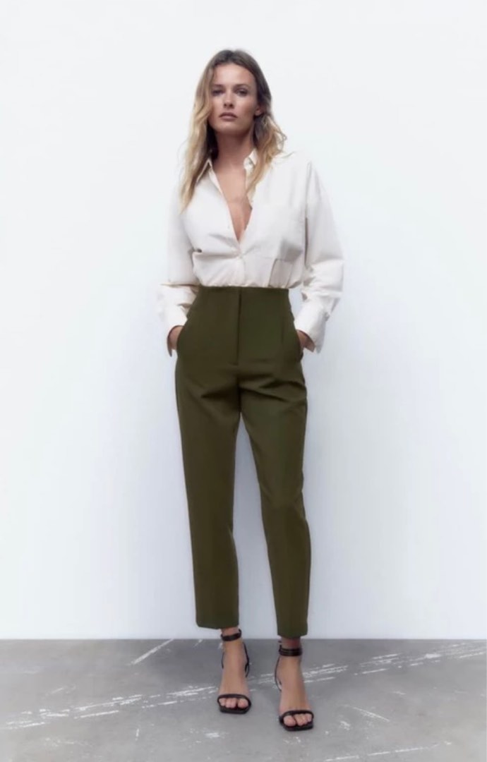 🔥markdown🔥Zara High Waisted Pants olive green, Women's Fashion, Bottoms,  Other Bottoms on Carousell