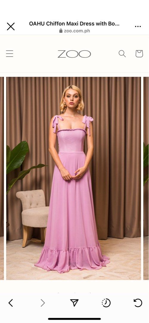 Zoo label chiffon maxi gown RENT (Category: Dresses) located in Las Pinas. Submitted by krissystuff (Listing ID 1255927679, Image 1). Description: Buy for 2.8k OAHU Chiffon Maxi Dress with Bow Straps Dusty rose color please msg me for photos Small Only used once for a wedding.