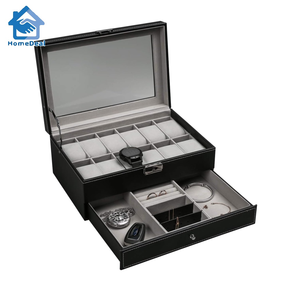 12 Slot PU Leather Lockable Watch Storage Boxes Men Women