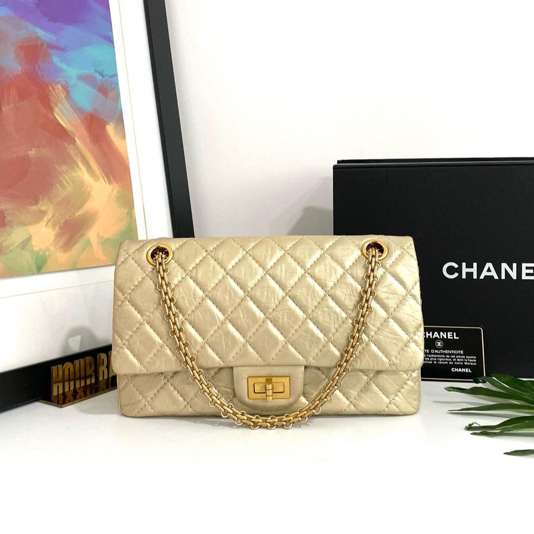 💯% Authentic Chanel Light Gold Quilted Aged Calf Reissue 2.55 S Size  Shoulder Bag with GHW