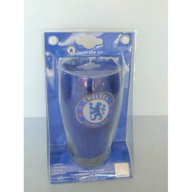 Bar Towel & Beer Mats Set, Beer Glass with Football Chelsea FC