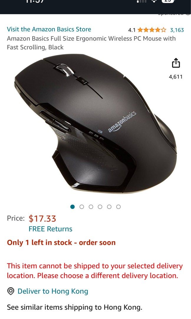 Basics Full-Size Ergonomic Wireless PC Mouse with Fast Scrolling