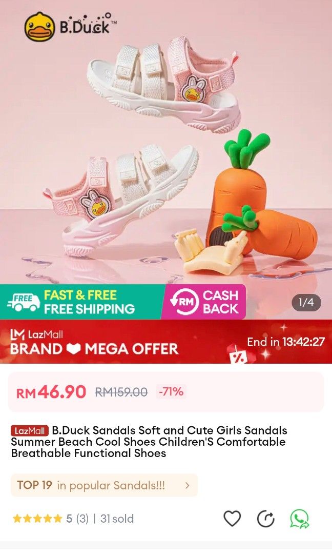 B.Duck Sandals Soft and Cute Girls Sandals Summer Beach Cool Shoes  Children'S Comfortable Breathable Functional Shoes