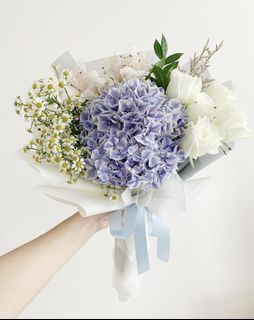 Blue hydrangeas with white rose korean styled bouquet