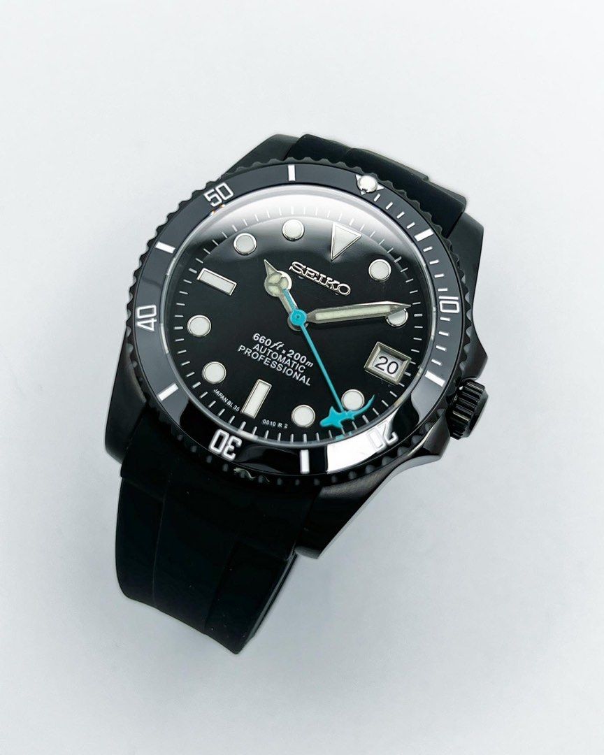 Custom Seiko Mod blue shark submariner in full black glossy dial