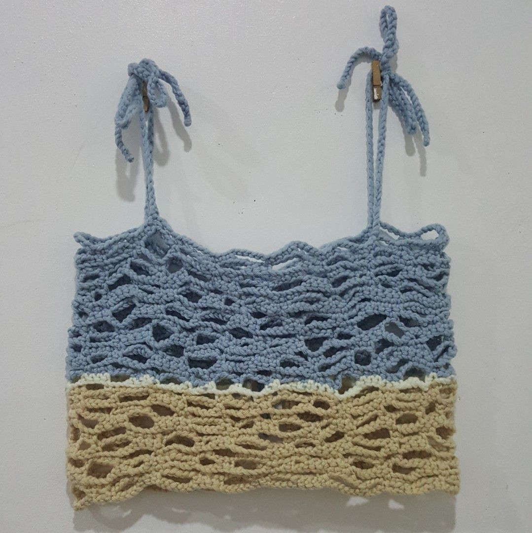 Darya (two-way) Crochet Top (Category: Sleeveless) located in Sariaya. Submitted by tangledhook (Listing ID 1256027199, Image 2). Description: ▪︎ worn once (scan qr for pics) •overlay top •mesh with distressed texture • made with 8ply milk cotton yarn •powder blue, cream, beige •can be worn two-way •ribbon straps •stretchable.