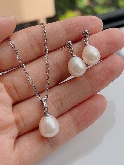 Gold pearl necklace and earring set cheap