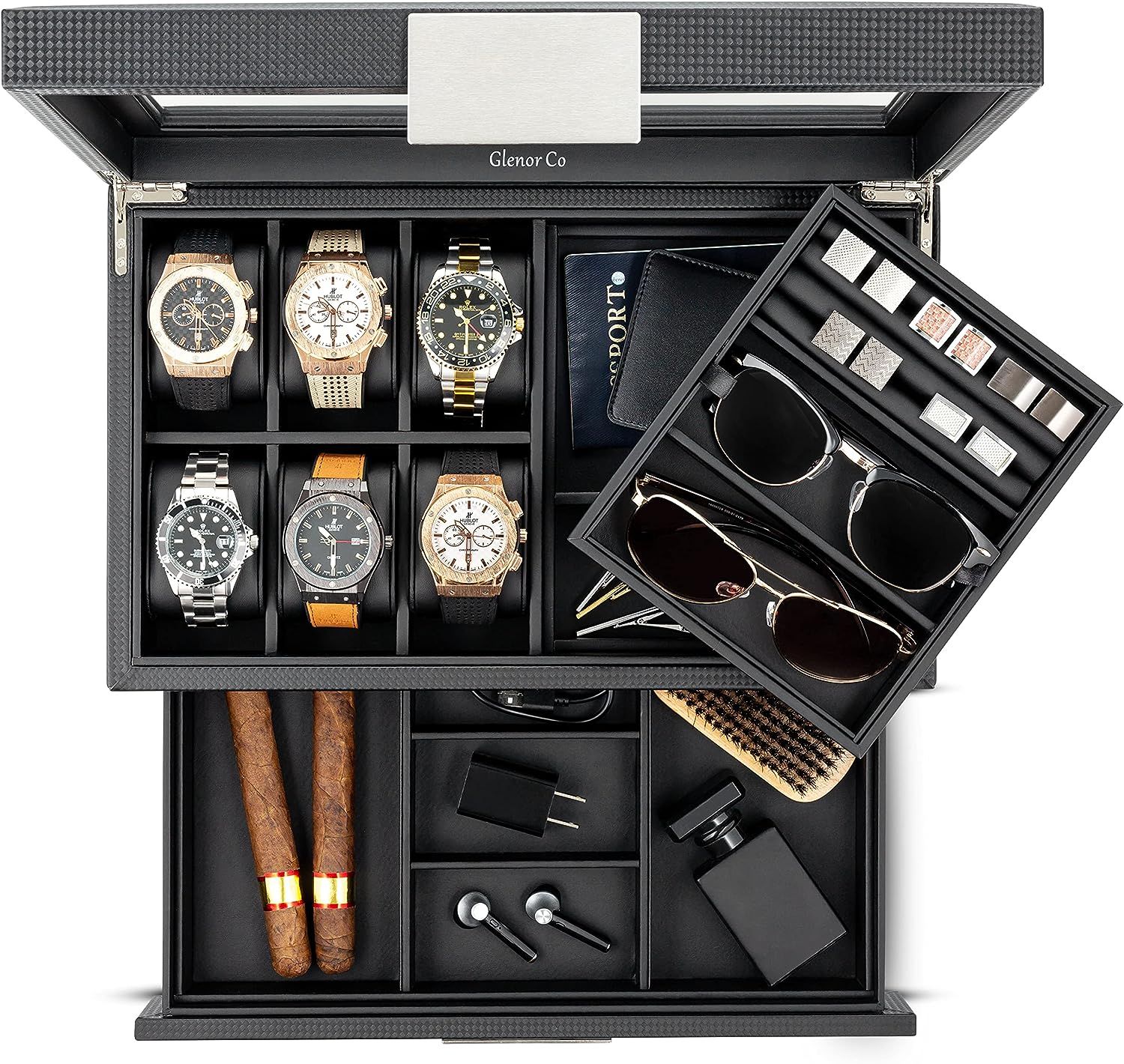 Glenor Co Valet Jewelry Box for Men Holds 6 Watches 12