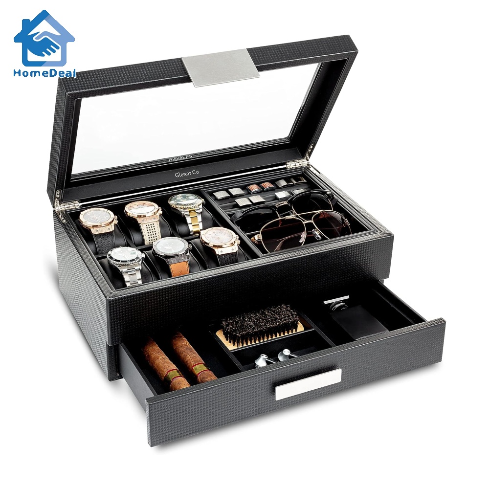 Glenor Co Valet Jewelry Box for Men - Holds 6 Watches, 12 cufflinks, 2 ...