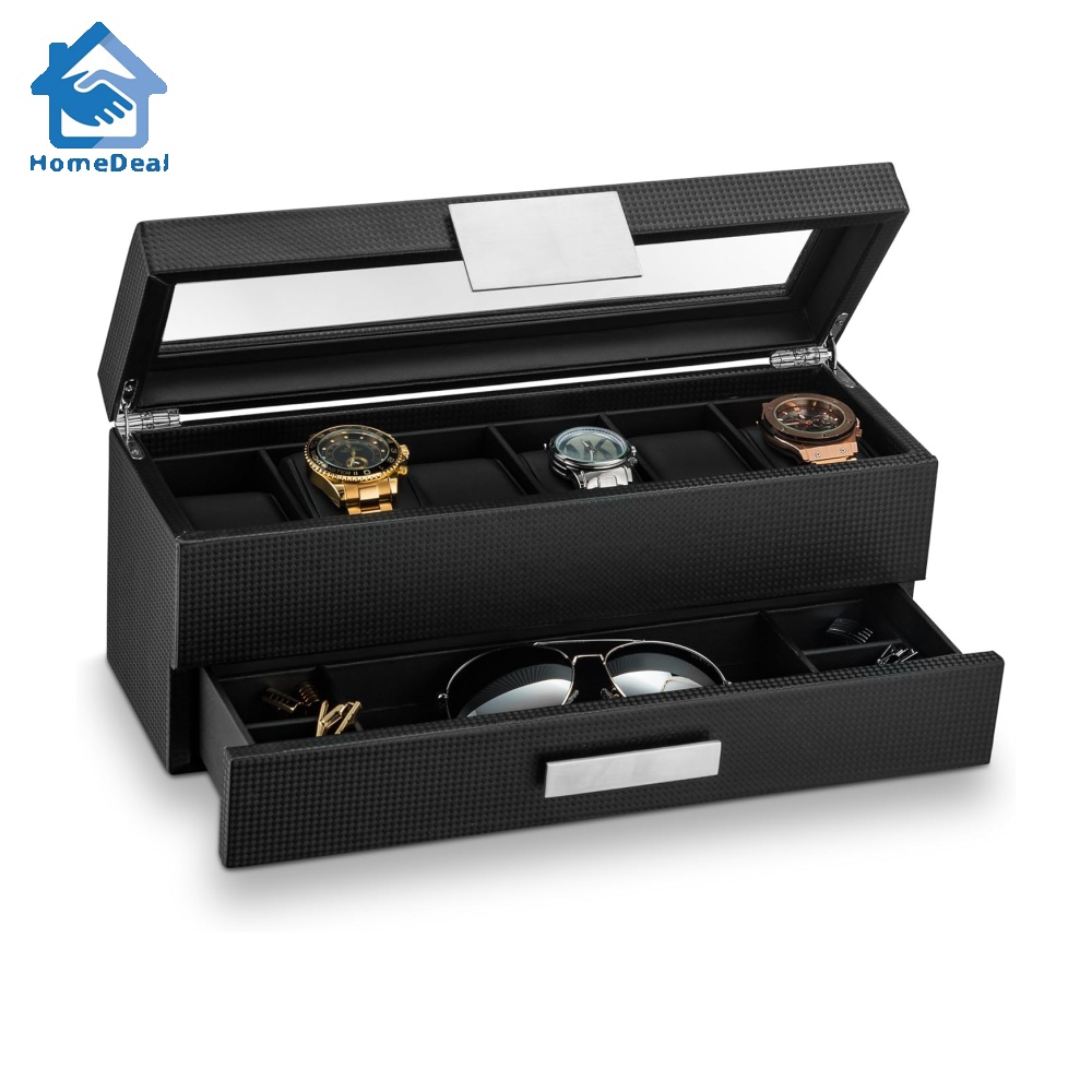 Glenor Co Watch Box with Valet Drawer for Men - 6 Slot Luxury