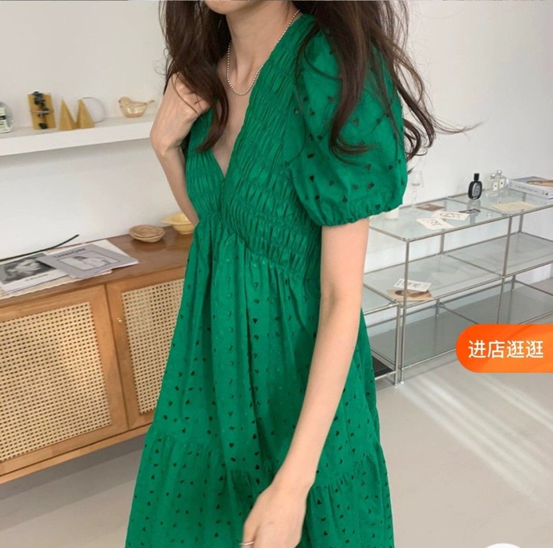 Green Eyelet Dress midi, Women's Fashion, Dresses & Sets, Dresses on ...