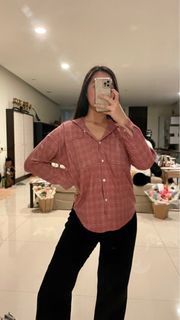 Guava Tartan Oversized Korean Shirt / Atasan Kemeja Pink Kotak Jumbo