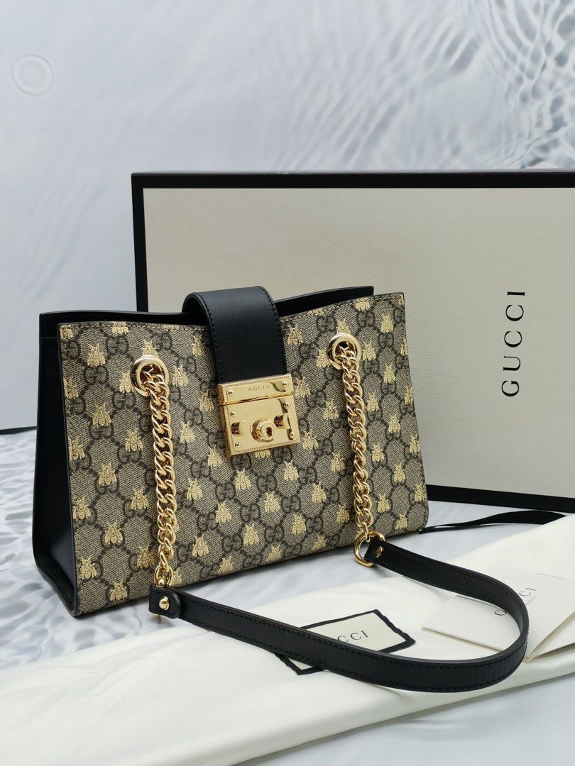 GUCCI PADLOCK GG CANVAS METALLIC BEE PRINTING CHAIN BAG FULL SET
