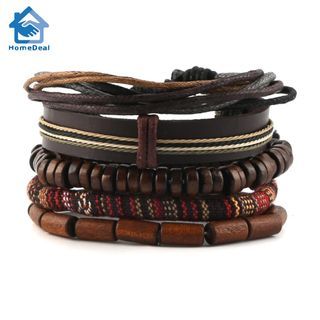 12pcs/set Handmade Braided Leather Bracelets For Men Women Woven Cuff Wrap  Bracelet Wood Beads Ethnic Free Combination Bangle Adjustable