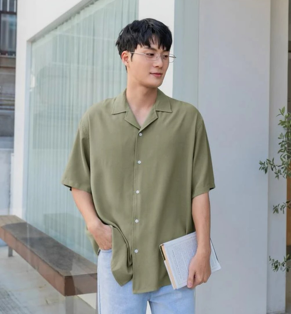 Korean Fashion Drop Shoulder Button Up shirt camp collar Green