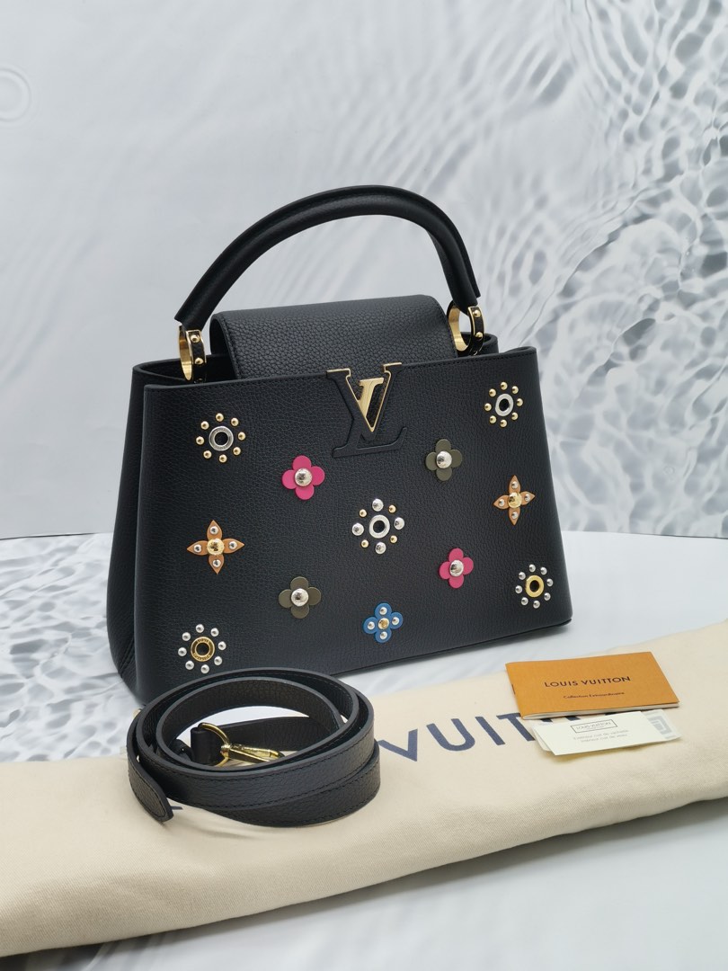 LOUIS VUITTON BLACK TAURILLON LEATHER FLOWER CROWN CAPUCINES PM W/ STRAP  for sale at auction on 29th October