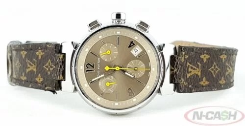 Pre-owned Louis Vuitton Tambour Chronograph Quartz Ladies Watch Q1322, Quartz Movement, Leather Strap, 34 mm Case in Beige