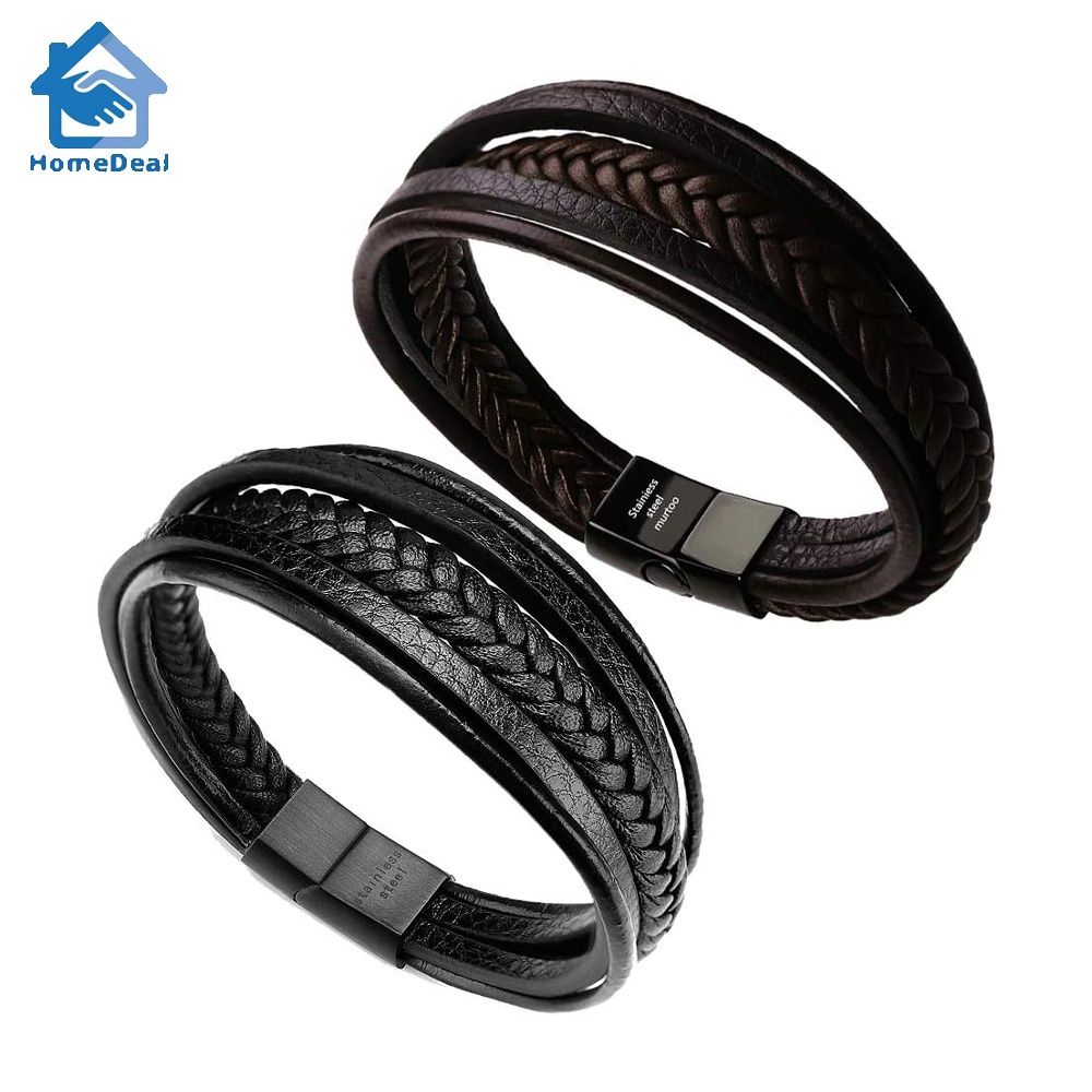 murtoo Mens Leather Bracelet with Clasp Cowhide Multi Layer