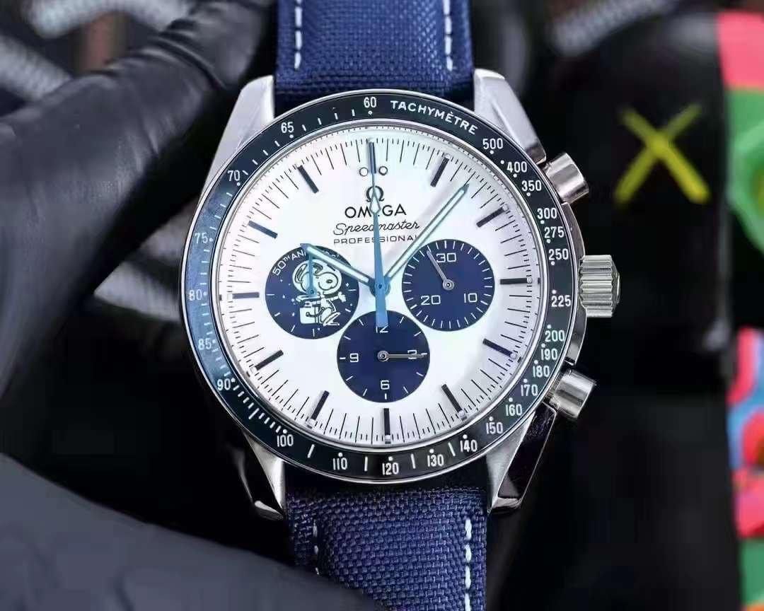 Omega Speedmaster Snoopy Blue Bezel White Dial Nylon Leather Strap