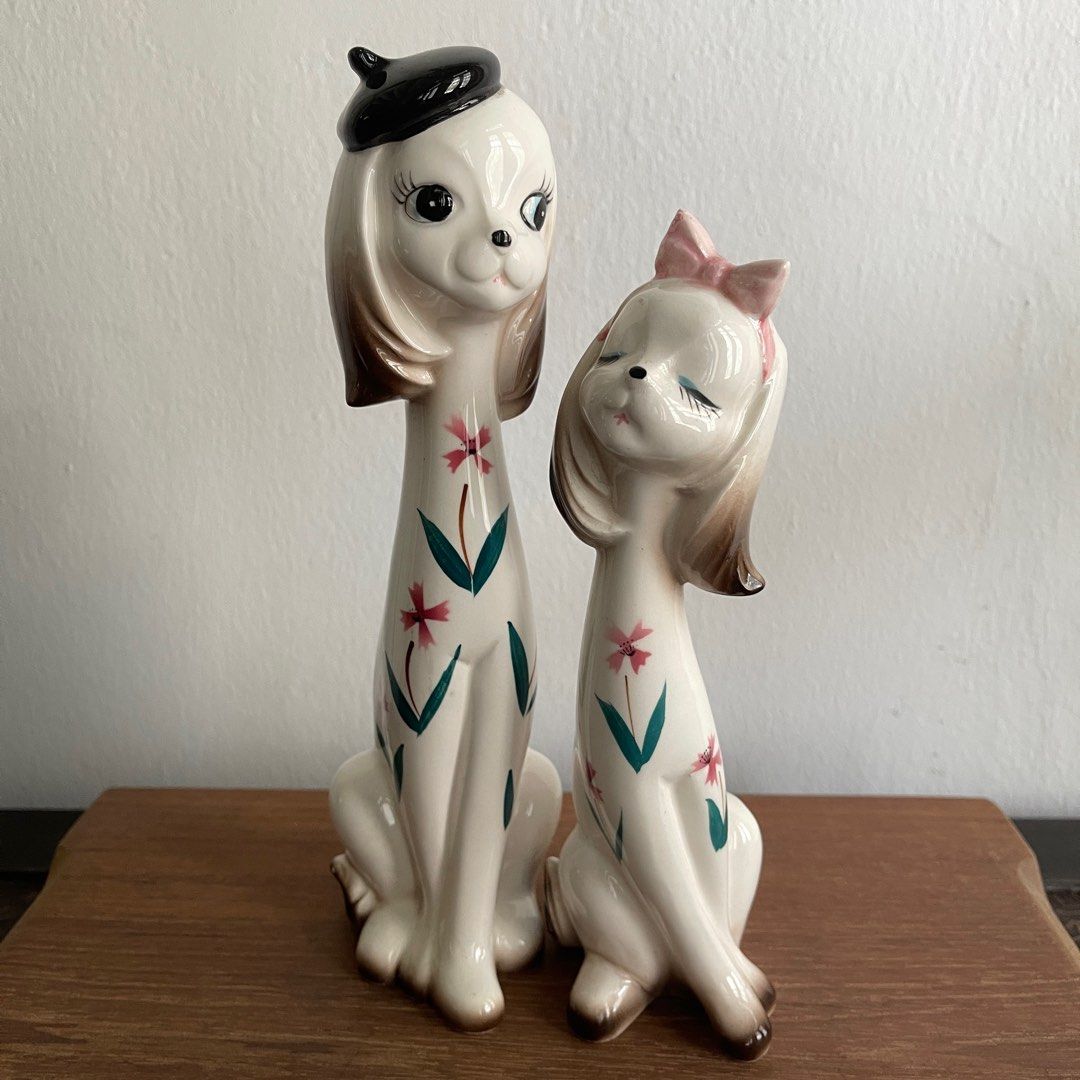 Pair of vintage 60's 70's ceramic long neck dog figures figurines ...