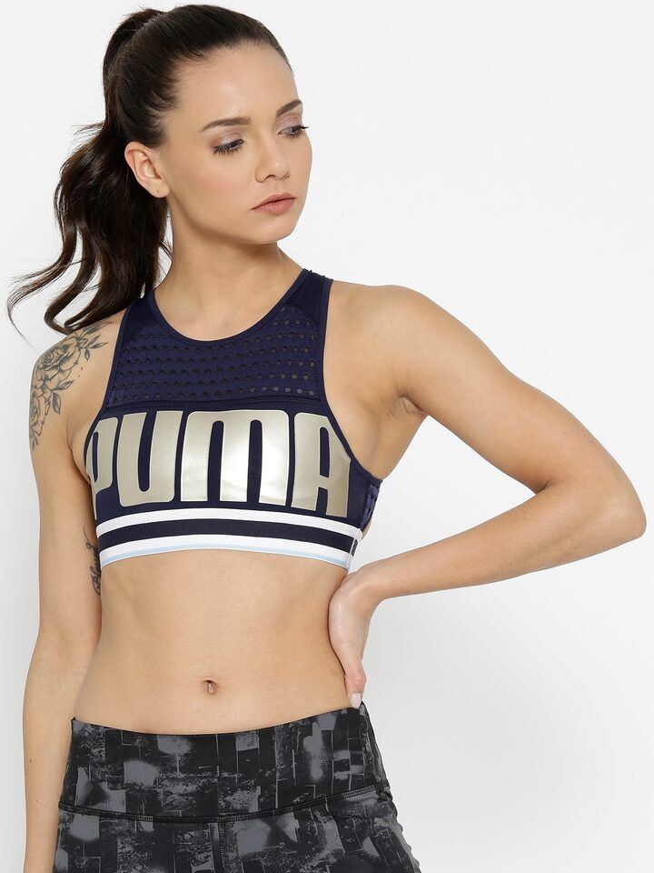 PUMA Varsity Style Sports Bra Top with band and perforated details, Women's  Fashion, Activewear on Carousell