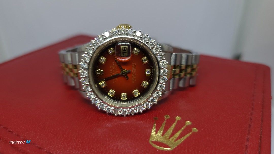 Rolex Datejust Steel Yellow Gold Red Vignette Diamond Dial Ladies