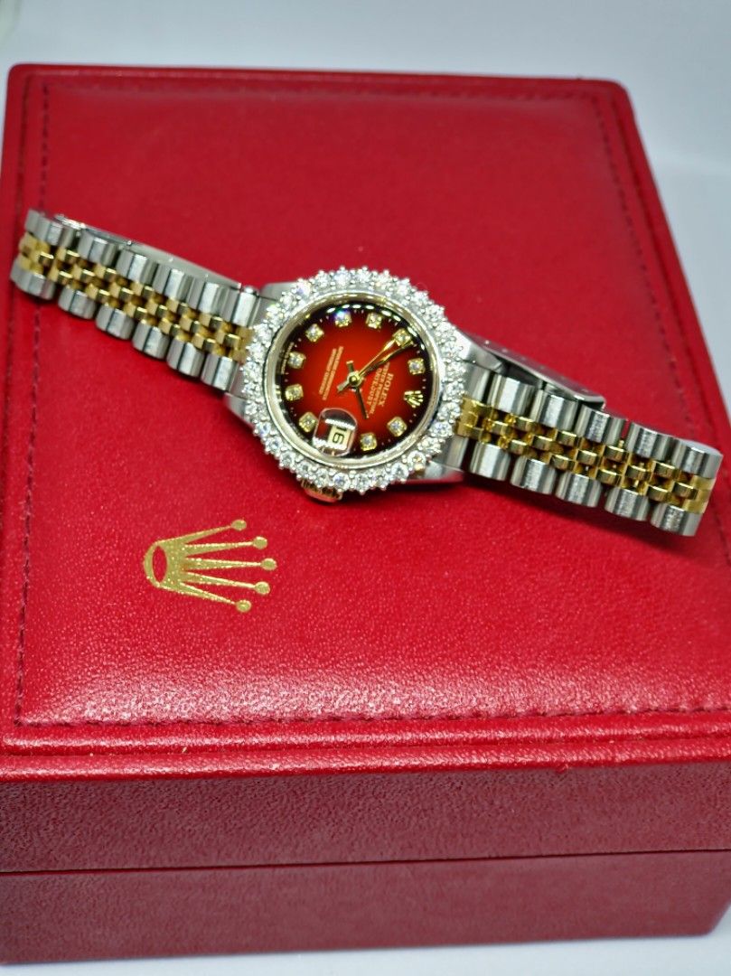 Rolex Datejust Steel Yellow Gold Red Vignette Diamond Dial Ladies