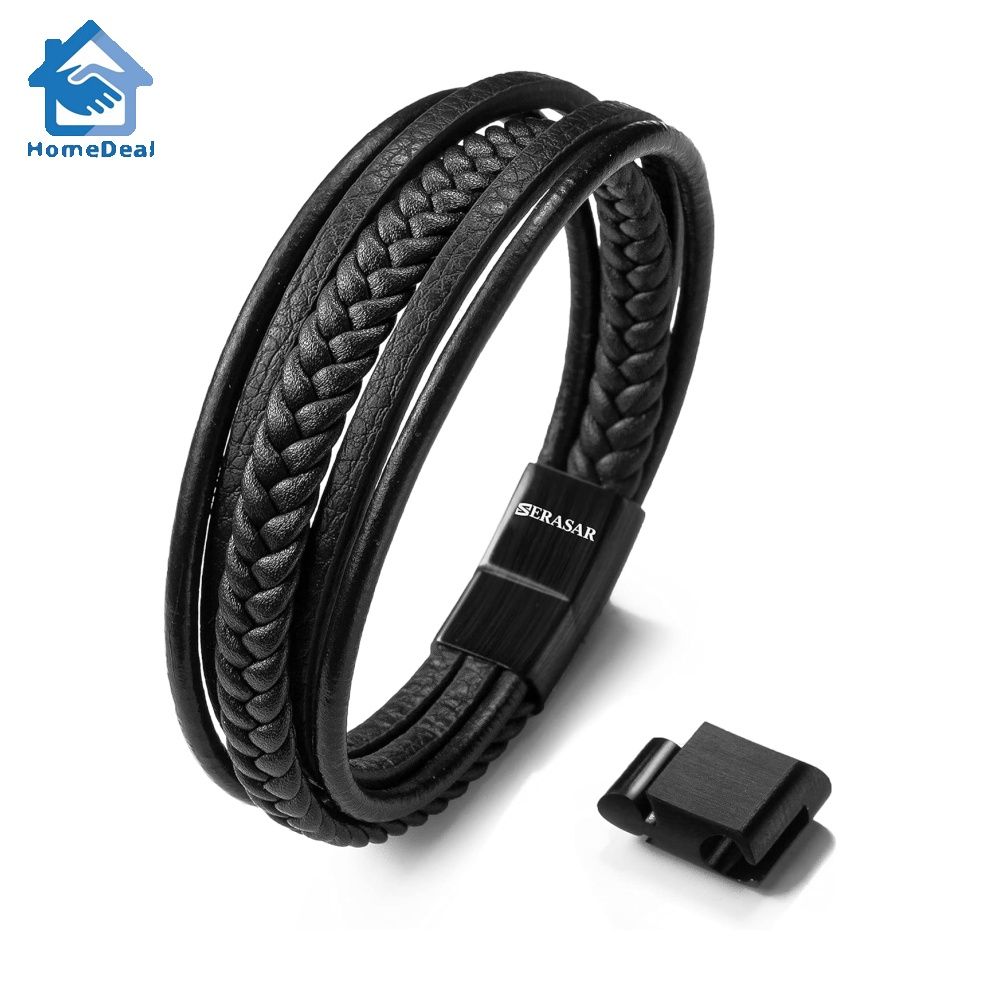 Mens black leather wristband sale