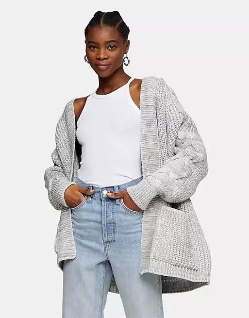 Topshop Chunky Knit Cardigan in Grey Size UK 8 Women s Fashion