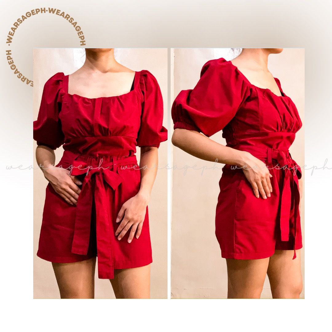 Red Puff-Sleeve Coordinates Set Terno, Women's Fashion, Dresses & Sets ...