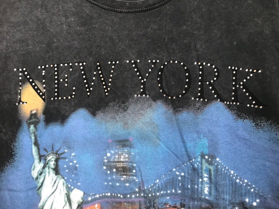 Plus Size Navy Blue Acid Wash 'New York' Oversized T-Shirt