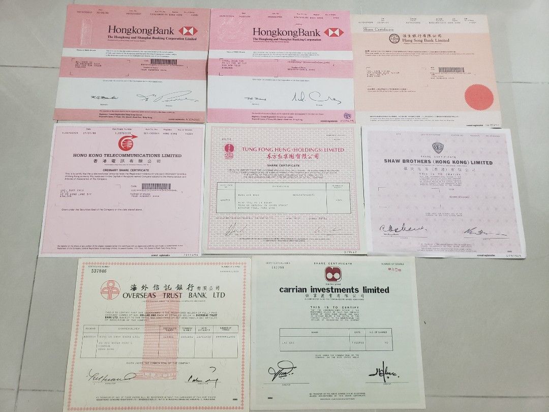 1990年hsbc匯豐銀行160..1985年hsbc匯豐銀行180..恒生銀行190...香港電訊260.邵氏電影股票880..東方紅集團260..佳寧550..海外信託230..,  興趣及遊戲, 收藏品及紀念品, 古董收藏-