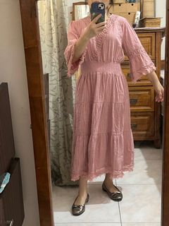 波西米亞風粉紅棉質蕾絲長洋裝（近新）#23開學季