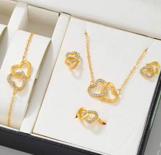 5PCS Set Gold-Color Heart Shaped Jewelry Sets Of Ring Earrings Necklace For Women Elegance Rhinestone Double Heart Jewelry