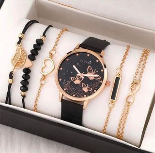 6pcs Set Womens Black Watches Ladies Fashion Butterfly Watch New Simple Casual Womens Analog WristWatch Bracelet Gift No Box