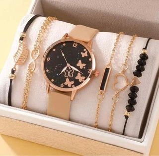 6pcs Set Womens Watches Brown Ladies Fashion Butterfly Watch New Simple Casual Womens Analog WristWatch Bracelet Gift No Box
