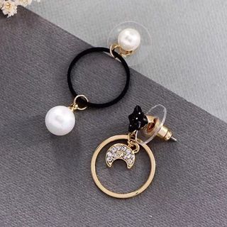韓版-不對稱黑金珍珠月亮耳環