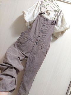 套組*日標棉麻可可吊帶褲（腰可微調）+絲質澎袖上衣