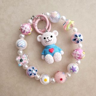 全新 全新 手作鋼絲夜光立體彩繪串珠雙扣環手機吊飾 鑰匙圈 包包掛飾 愛心熊立體公仔