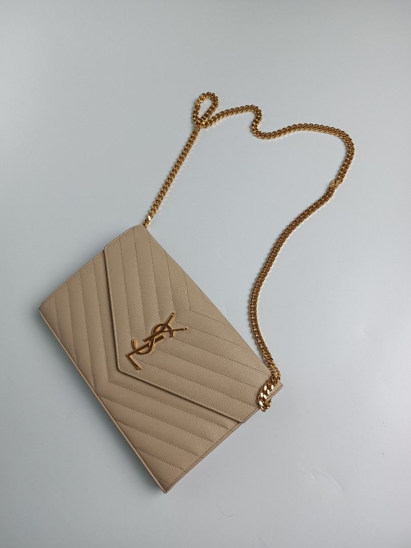 💯 AUTHENTIC YSL LARGE WALLET ON CHAIN (WOC) DARK BEIGE GHW